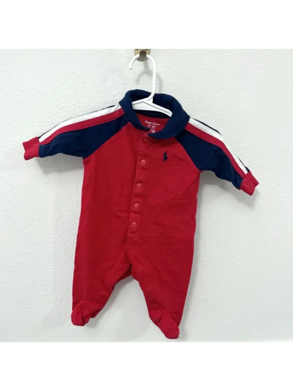 Ralph Lauren Baby Boys Shawl-Collar Cotton Coverall Red Blue Newborn Classic